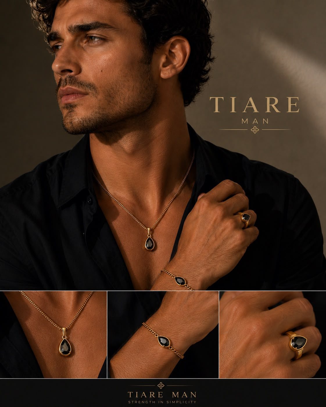 Tiare Man — colgante, pulsera y anillo de gota negra con baño de oro sobre camisa negra