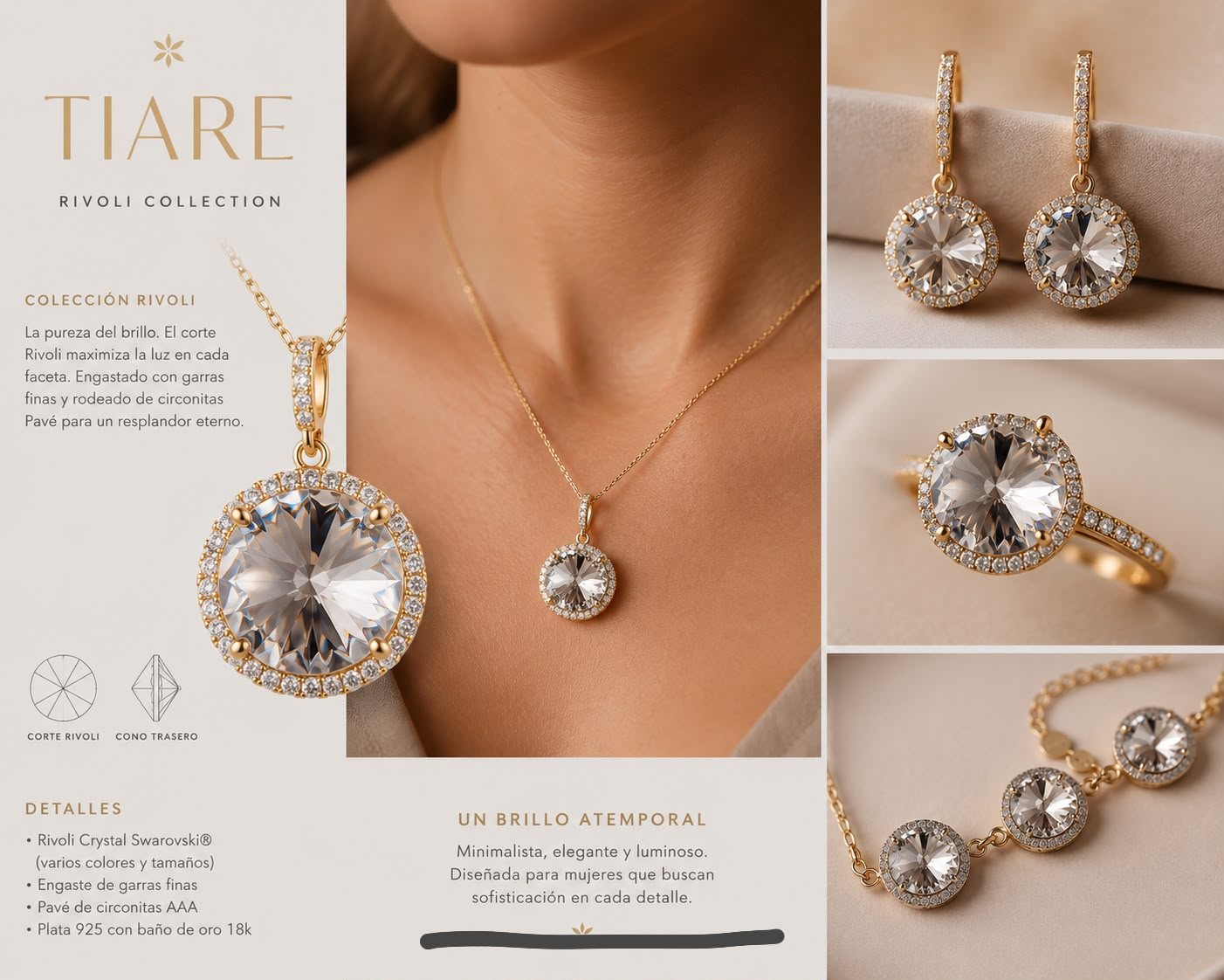 Colección Rivoli Crystal — cristal transparente con pavé y baño de oro 18K
