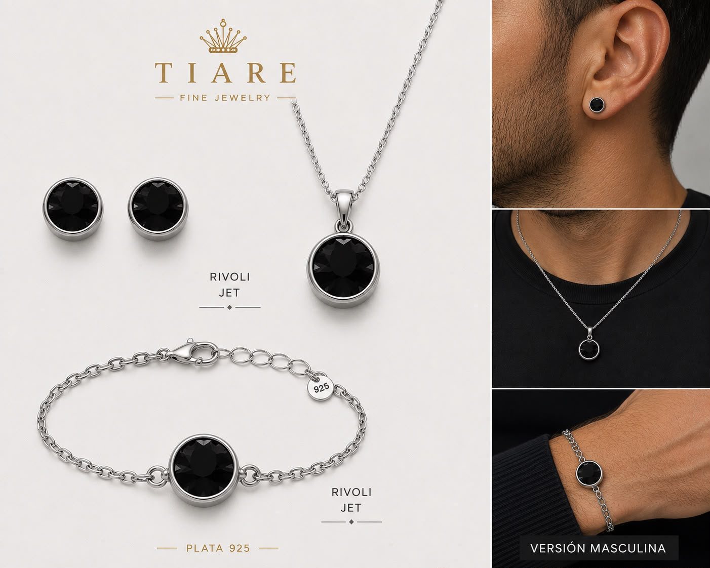 Set Rivoli Jet versión masculina — cristal negro sobre plata 925